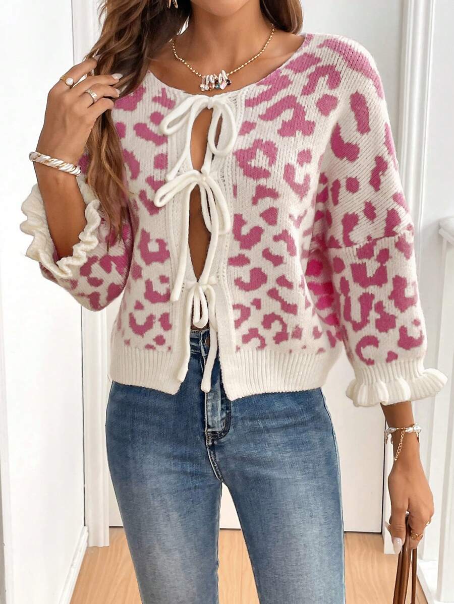 SHEIN Frenchy كارديجان نسائي مبطن دافئ بأكمام بودي بطبعة نمر وربطة أمامية كبيرة الحجم، ملابس يومية كاجوال، ملابس مدونات إنستغرام، كنزة صوفية صوفية سميكة للتنقل، ملابس شتوية، ملابس نسائية لعيد الميلاد، كنزة صوفية عيد الميلاد، ملابس - لون مشمشي - مشاهدة 1