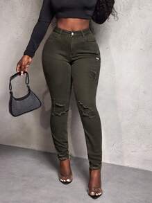 Slaydiva Modische und vielseitige Skinny Jeans mit Destroyed-Effekt für Damen - Armeegrün - Übersicht 4