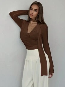 Aloruh 1pc Women Simple Elegant Long Sleeve Draped Collar Pleated Fitted T-Shirt - Brown - View 6