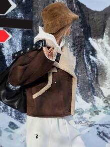Aveloria Affinna 女士新款摩托车双面仿羊毛夹克，防风保暖外套，秋冬装 - 棕色 - 查看 3