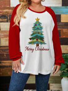 SHEIN LUNE Kaos Lengan Panjang Raglan Merah dengan Motif Angka Natal, Potongan Longgar, Kasual, Kerah Bulat, Ukuran Plus, Cocok untuk Natal Musim Gugur - MultiWarna - View 5