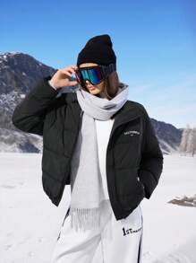 SHEIN EZwear Women's Casual Letter Print Feathers& Down Jacket For Winter - Black - View 6