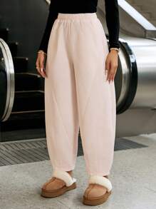 SHEIN Essnce Women's Solid Color Elastic Waist Pocket Wide Leg Loose Casual Pants