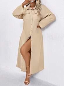 SHEIN LUNE Plus Size Women Casual Khaki Pocket Dress