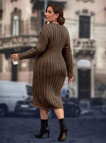 SHEIN Clasi Plus Size Solid Color Round Neck Long Sleeve Casual Pullover Sweater Dress, For Winter - Brown - View 2