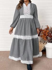 SHEIN VCAY Váy tay đèn lồng ren họa tiết gingham phong cách đồng quê thanh lịch cỡ lớn, mùa xuân/thu - Đen và trắng - Xem 3