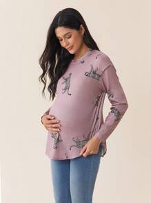 SHEIN Maternity Casual Oversized Drop Shoulder Leopard Print Long Sleeve T-Shirt, Print T-Shirt, Autumn - Brown - View 3