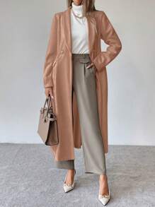 SHEIN Clasi Women's Solid Color Long Sleeve Elegant Cinched Waist Double-Breasted Jacket, Autumn/Winter Fall Cloth For Women - Brown - View 5