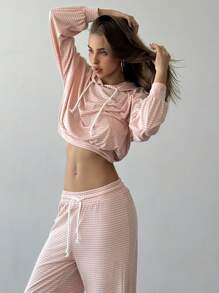 Aloruh Set de 2 piezas con conjunto casual de rayas azules y blancas para ir y venir, incluye top corto con capucha de manga larga holgada y pantalones maxi de cintura elástica