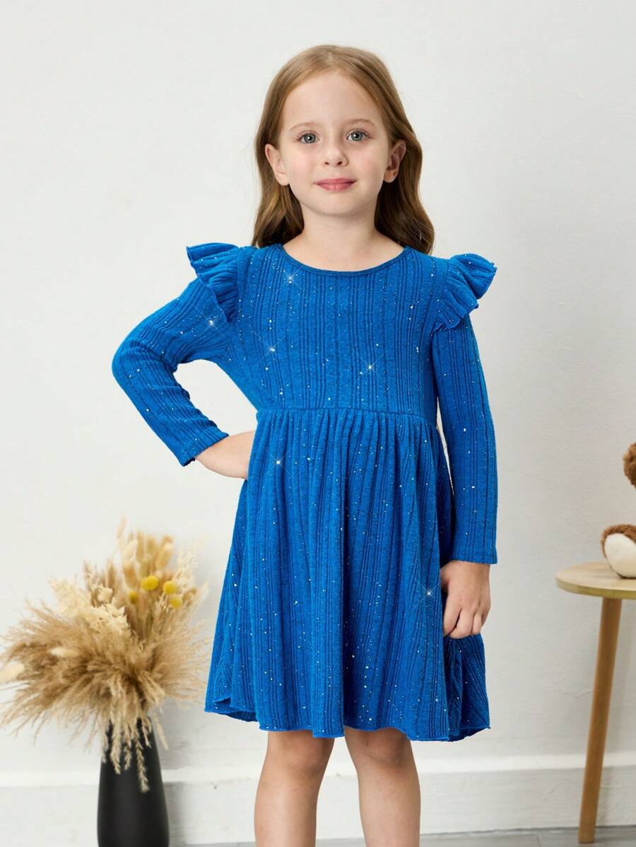 SHEIN Young Girl Solid Color Bling Ribbed Knit Ruffle Dress