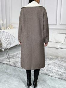 Chiquease Abrigo de lana recto holgado con cuello de piel y botones tipo cuerno de gran tamaño