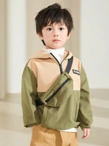 SHEIN 2pcs Young Boy Casual College Style Contrast Color Spliced With Accessories, Outdoorsy Tool Bag, Half-Open Zipper Hooded Jacket And Pants Suit, Suitable For Outdoor Activities, School Or Gathering, Autumn/Winter - Army Green - View 10