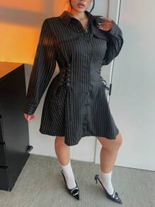 Flirla Vestido camisa de rayas negras y blancas talla grande, cintura ajustable, informal y elegante