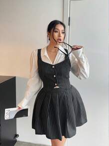 Flirla Plus Size Striped Tank Top & Pleated Skirt 2 Pieces Set - Black - View 4