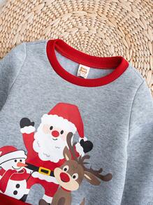 Cozy Pixies Baby Boy Christmas Pattern Colorblock Crew Neck Long Sleeve Pullover Sweatshirt - Grey - View 9