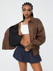 SHEIN EZwear 女式冬季西部风街头风皮革脏脏垃圾风拉链大码夹克 - 鏽棕色 - 查看 6