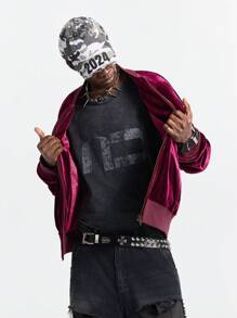 Manfinity VCAY Men's Red Velvet Zipper Casual Street Jacket, Long Sleeve For Autumn/Winter