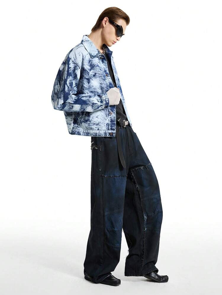 All-Over Print Single Breasted Long Sleeve Denim Jacket For Men, Rapper, Cotton, Going Out