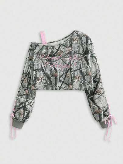 Grunge Punk Y2K Sexy Lace Patchwork & Camouflage Print Asymmetrical Neck Cropped Plus Size Pullover Sweatshirt