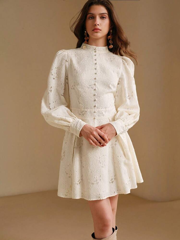 Autumn Stand Collar Lantern Sleeve Waisted Floral Embroidered Elegant Dress