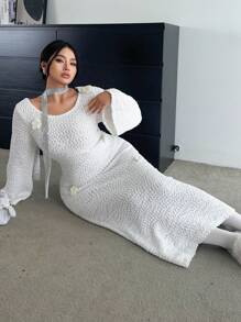 Celure Plus Size Textured Knit Crew Neck Crochet Elegant Long Dress, Autumn/Winter