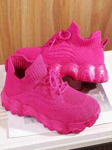 Meias respiráveis com cadarço, tênis esportivos coloridos e brilhantes - Rosa Quente - Ver 3