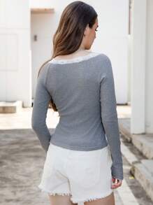 INAWLY Áo thun nữ tay dài cài nút phía trước màu trơn đơn giản - Xám - Xem 2