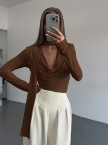 Aloruh 1pc Women Simple Elegant Long Sleeve Draped Collar Pleated Fitted T-Shirt - Brown - View 8