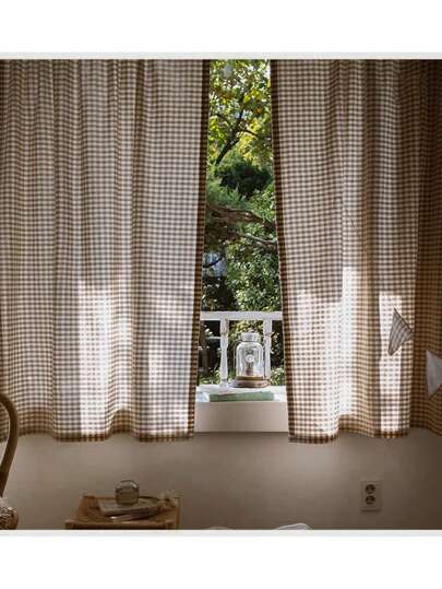 1 pieza Cortina de puerta a cuadros pequeños de café, cortina semi-opaca cómoda para dormitorio, sala de estar, balcón y ventana, estilo rústico minimalista y acogedor, decoración de otoño, decoración de otoño, decoración de habitación