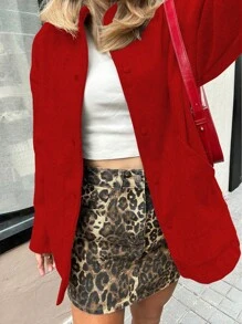 SHEIN Unity 女式纯色前拉链休闲棒球夹克，秋季 - 紅色 - 查看 8