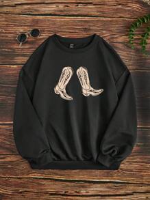 SHEIN EZwear 女式休闲简约靴子印花图案宽松套头运动衫，秋冬款 - 黑色 - 查看 3