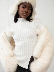 Flirla 1pc Women Stand Collar Textured Split Hem Fitted Long Sleeve Knit Sweater, Casual Autumn/Winter