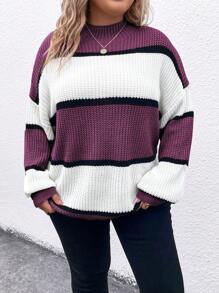 SHEIN LUNE Plus Size Women's Contrast Color Drop Shoulder Long Sleeve Casual Loose Sweater, For Winter Knit Pullover Fall Autumn - Multicolor - View 3