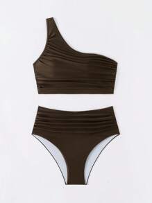 Swim Chiccia 2 chiếc/Bộ đồ bơi bikini đơn giản không tay lệch vai màu trơn cho nữ mùa hè - Cà phê nâu - Xem 4