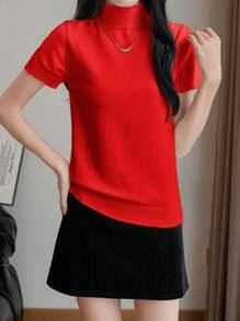 SHEIN LUNE 女士纯色高领短袖休闲上衣，简约新年服装 - 紅色 - 查看 8