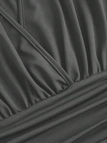 Slaydiva 女士休闲纯色褶皱长袖紧身衣，秋季 - 灰色 - 查看 3