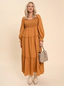 SHEIN LUNE Plus Size Women Fall Long Sleeve Textured Square Neck Shirred Bust A-Line Ruffle Hem Flattering Dress Plus Size Fall Clothes Dresses For Women