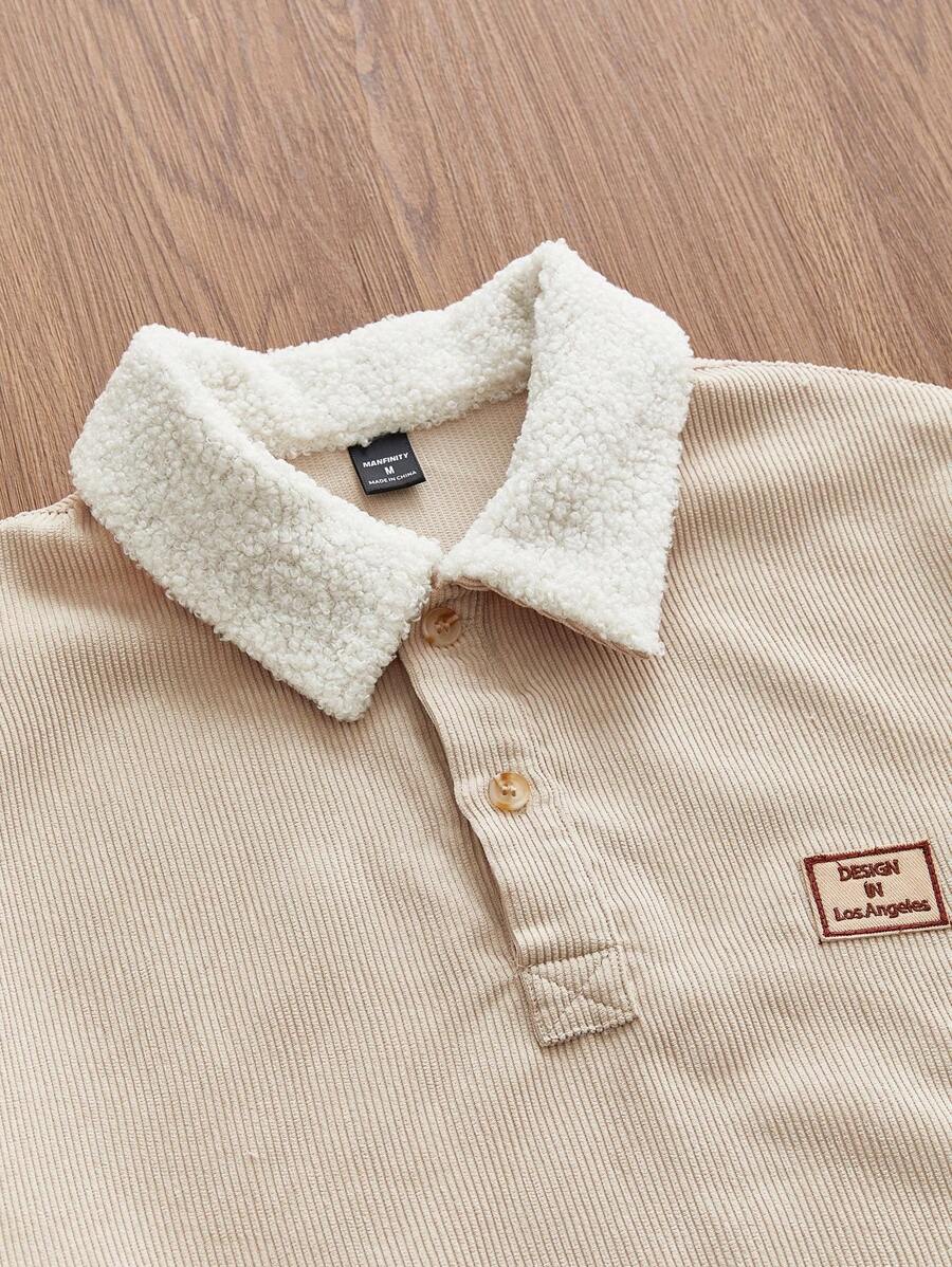 Manfinity VCAY 男士编织时尚休闲日常宽松长袖贴花 Polo 衫，秋冬 - 米色 - 查看 1