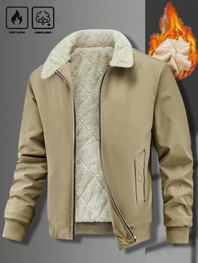 Manfinity Homme Men's Long Sleeve Thermal Lined Front-Zip Jacket, Khaki For Winter, Men Winter Jacket, Men Thermal Lined Jacket, Warm , For Fall