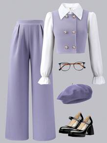 3pcs Tween Girl Outfit : Collared Shirt + Cardigan Vest + Pants Set - Purple - View 3
