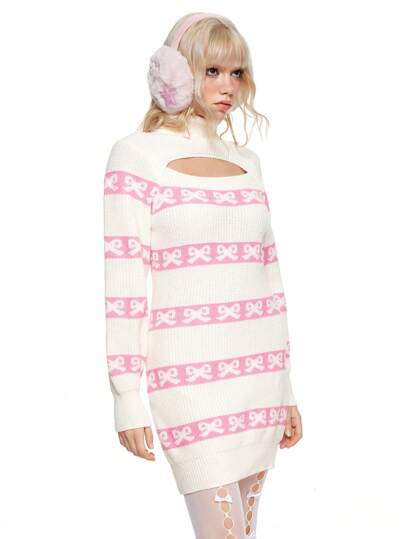 Women Kawaii Hollow Out High Collar Butterfly Sweater Dress