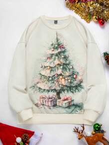 INAWLY Full Print Christmas Tree Pattern Round Neck Drop Shoulder Long Sleeve Long Christmas Sweatshirt For Women Pullover Fall Outfit - Multicolor - View 3