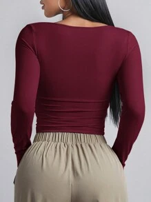 SHEIN BAE Áo thun nữ tay dài hở vai màu trơn vừa vặn, mùa thu - Màu Đỏ Sâu - Xem 2