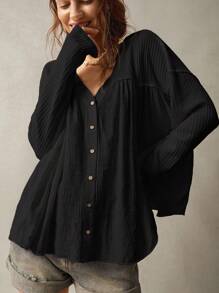 Bohemela 大码女式纯色前扣休闲黑色衬衫 - 黑色 - 查看 5