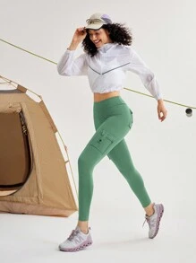 In My Nature Women Stretchy Casual Outdoor Skinny Leggings With Pockets - Olive Green - View 2
