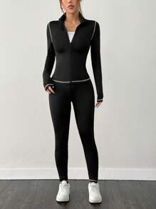 SHEIN EZwear Bộ quần áo bó cổ đứng thêu họa tiết tương phản màu đen tập yoga thể thao cho nữ và quần legging - màu đen - Xem 4