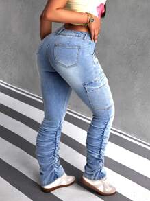 SHEIN ICON Damskie jeansy cargo z kieszeniami i rozkloszowanymi nogawkami
