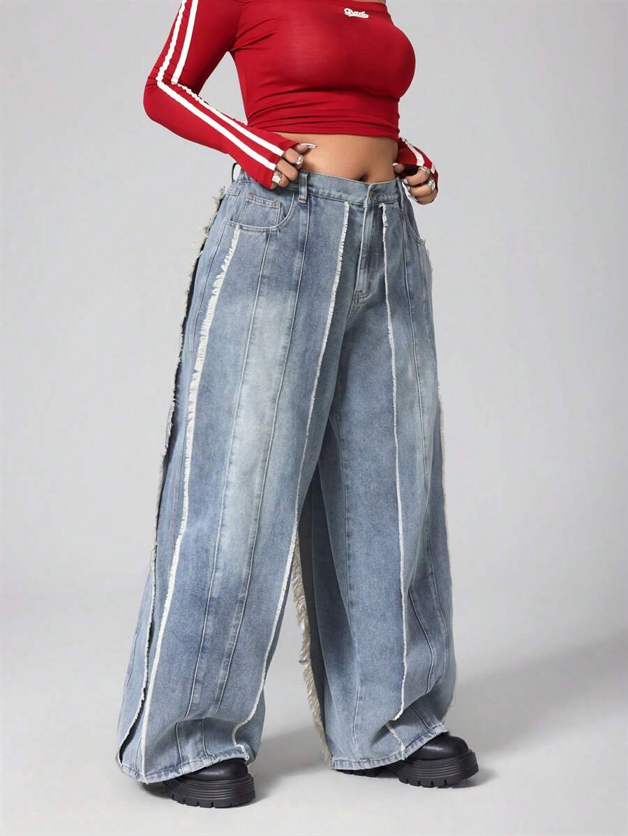 SHEIN ICON Casual Light Blue Washed Wide Leg Women Denim Pants - Medium Wash - View 1