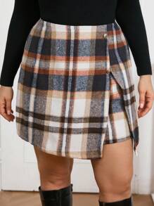 SHEIN Clasi 大码格子印花开衩下摆半身裙