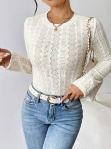 Chiquease Women Elegant Fluffy Lace Material Crew Neck T-Shirt, Autumn/Winter